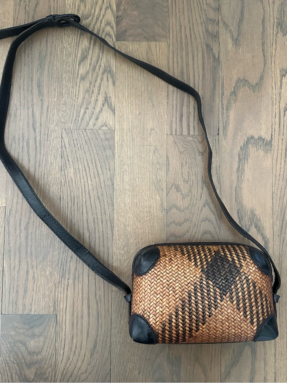 Vintage Handmade Straw and Leather Boxy Crossbody Handbag in Brown and Black